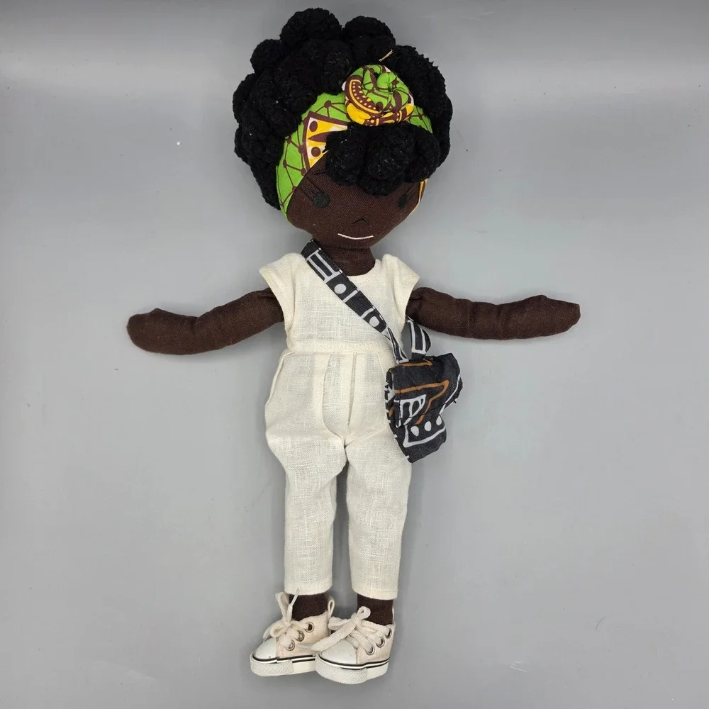 HarperIman Rag Doll Small Brown Linen Jumpsuit Headwrap Plush Toy Decor